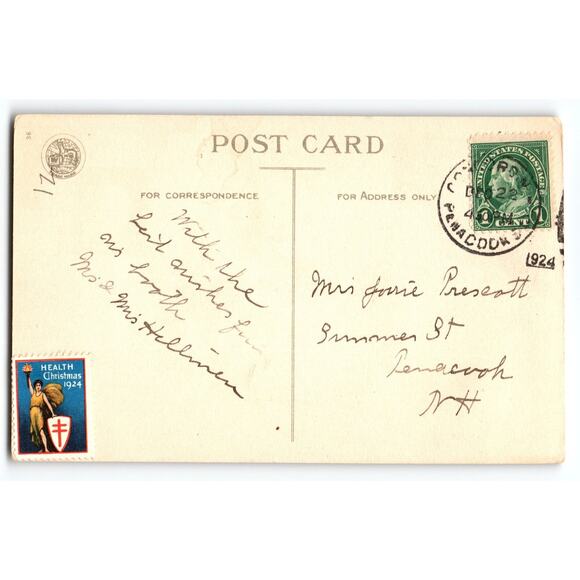 Vintage 1924 Christmas Snowy Cottage & Holly Postcard with Poem - Picture 2 of 2